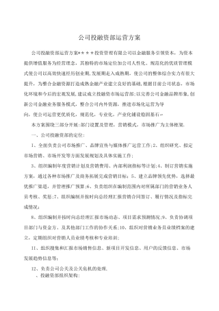 公司投融资部运营方案