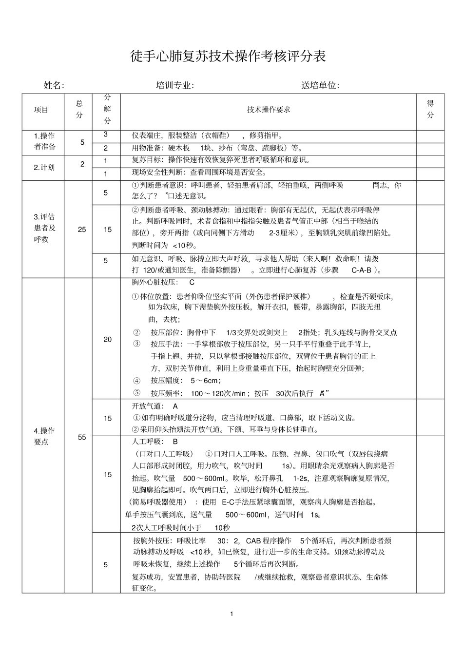 心肺复苏操作考核及评分标准_第1页