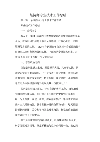 总结范文：经济师专业技术工作总结