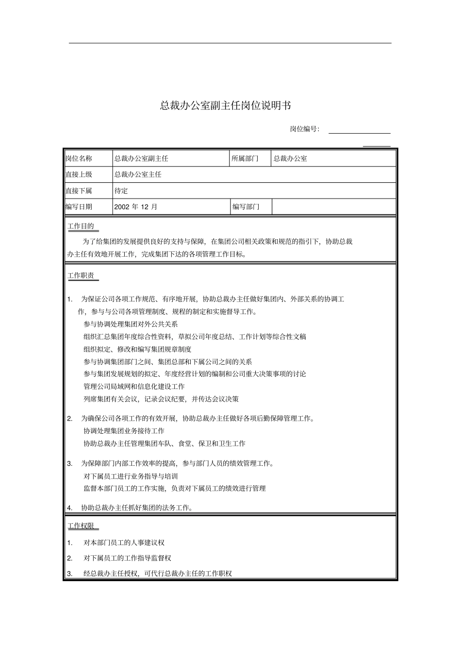 总裁办副主任岗位说明书_第1页