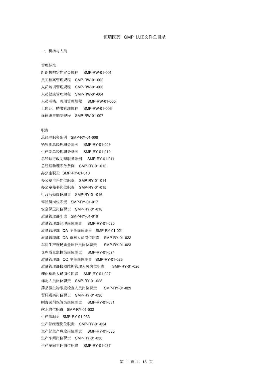 恒瑞医药gmp认证文件总目录_第1页