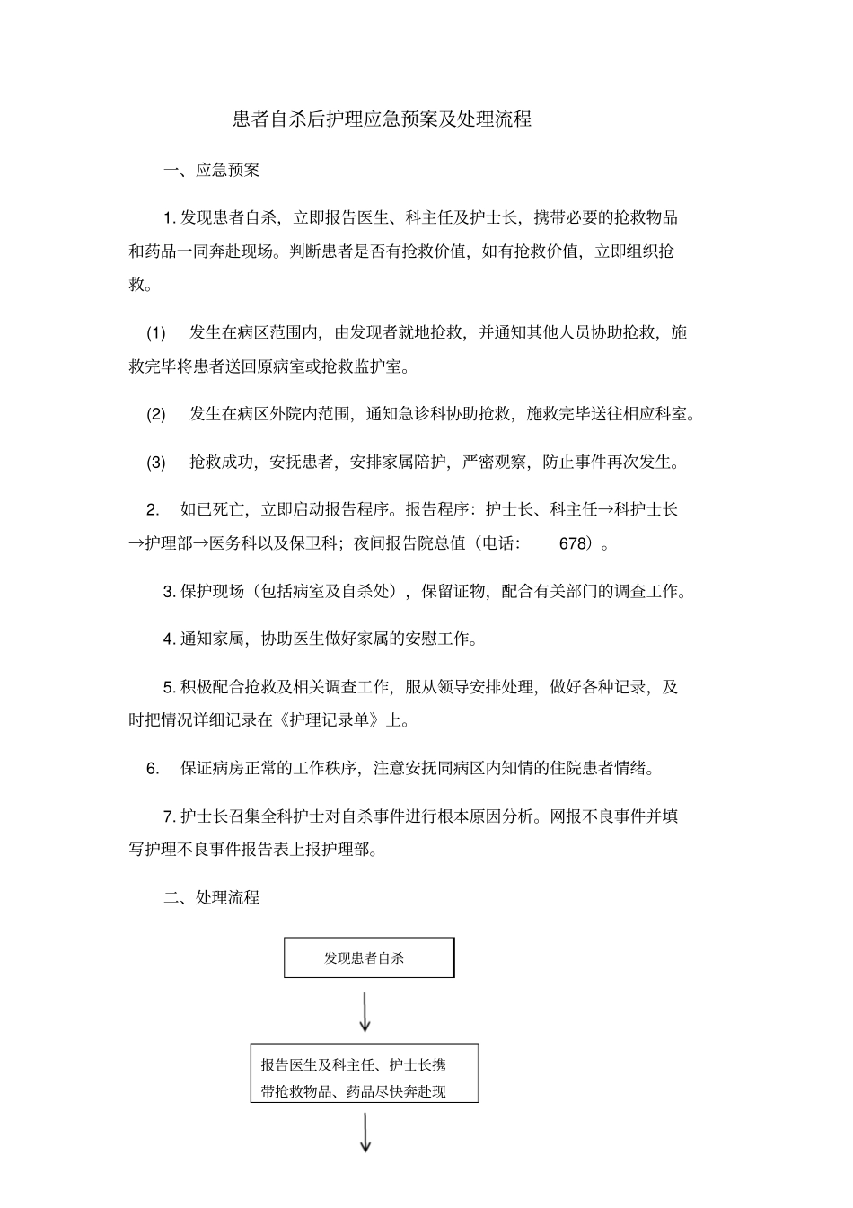 患者自杀后护理应急预案及处理流程_第1页