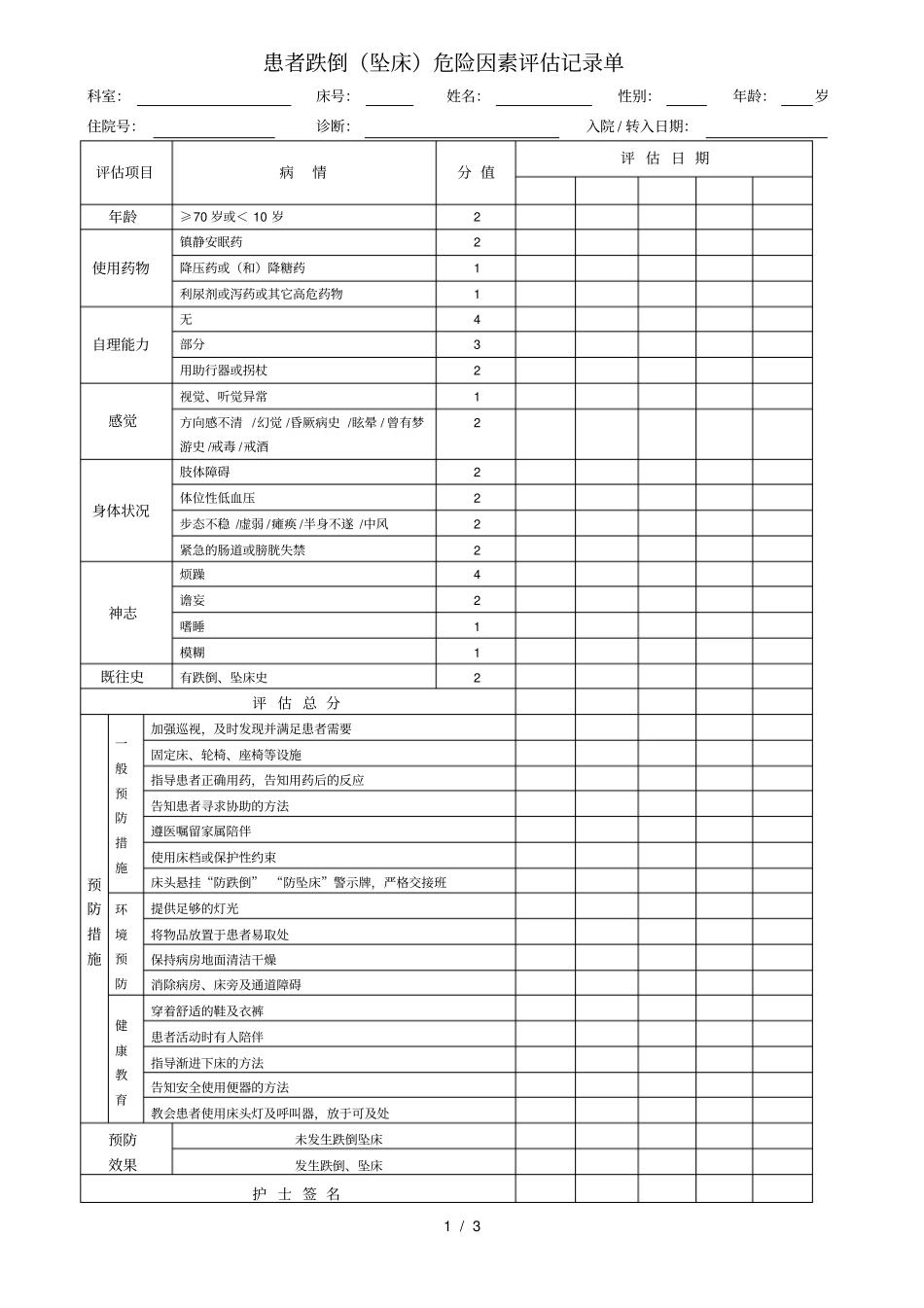 患者跌倒坠床危险因素评价记录表_第1页