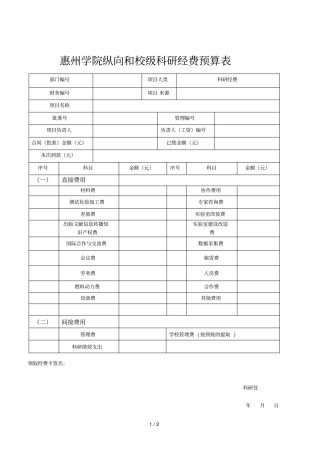 惠州学院纵向和校级科研经费预算表