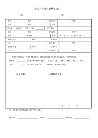 我国人体器官捐献登记表