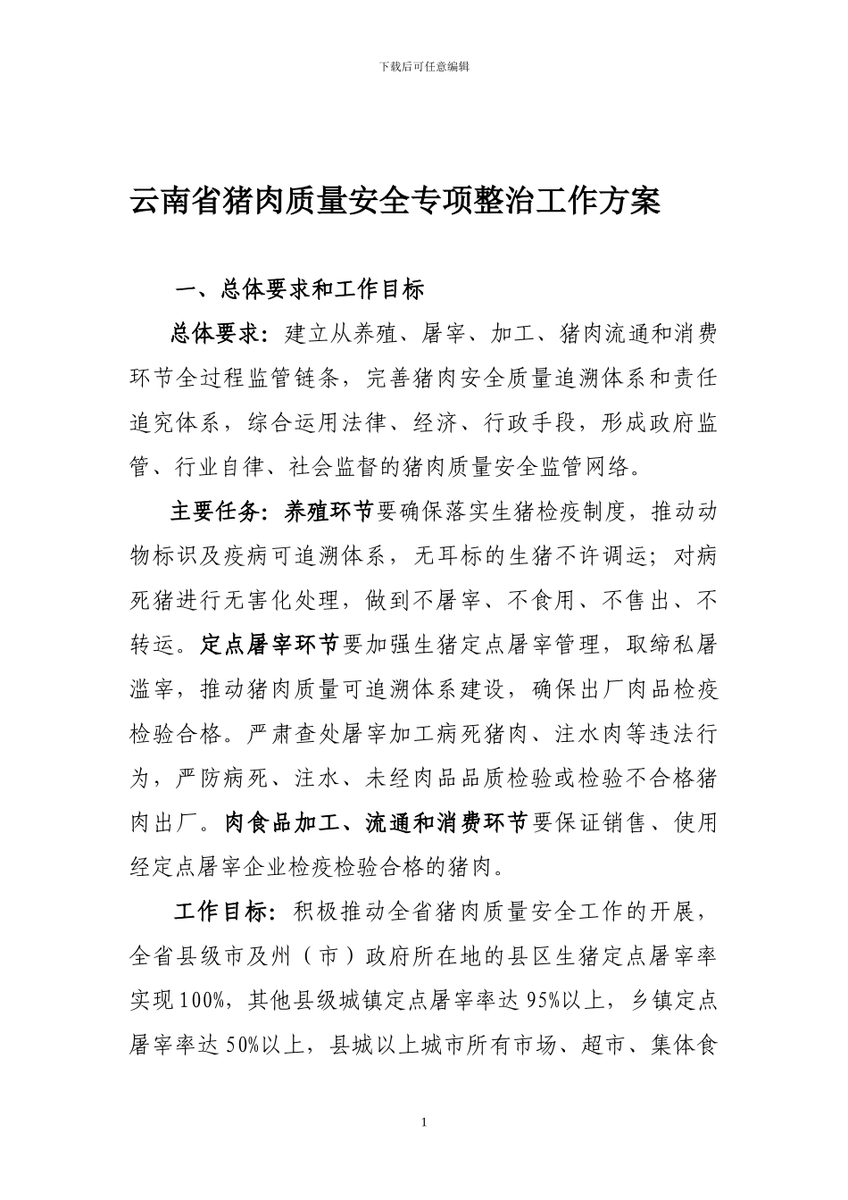 云南省猪肉质量安全专项整治工作方案_第1页