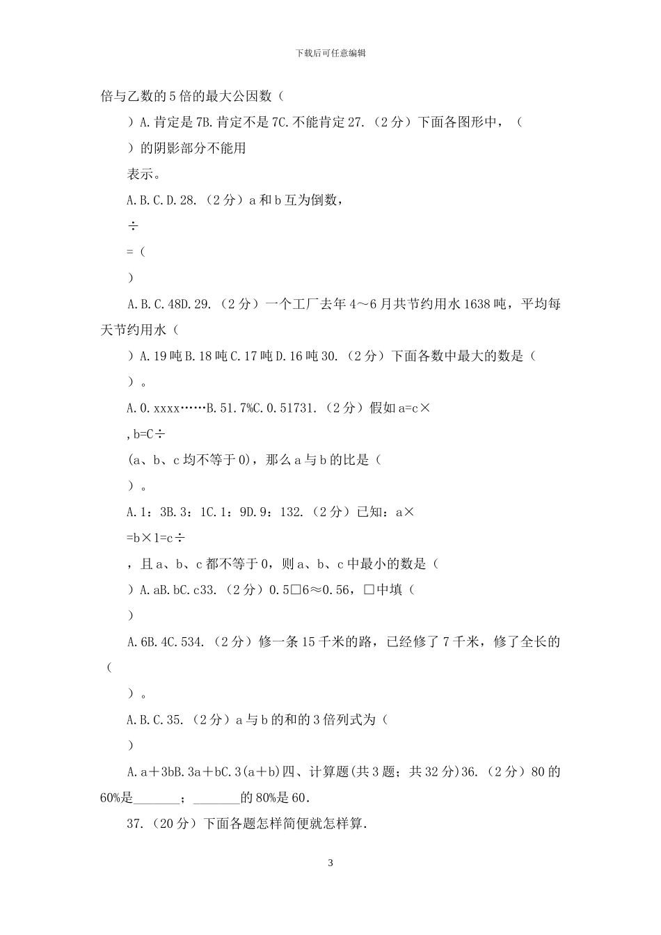 人教版2024年小升初数学备考专题数与代数基础卷_第3页