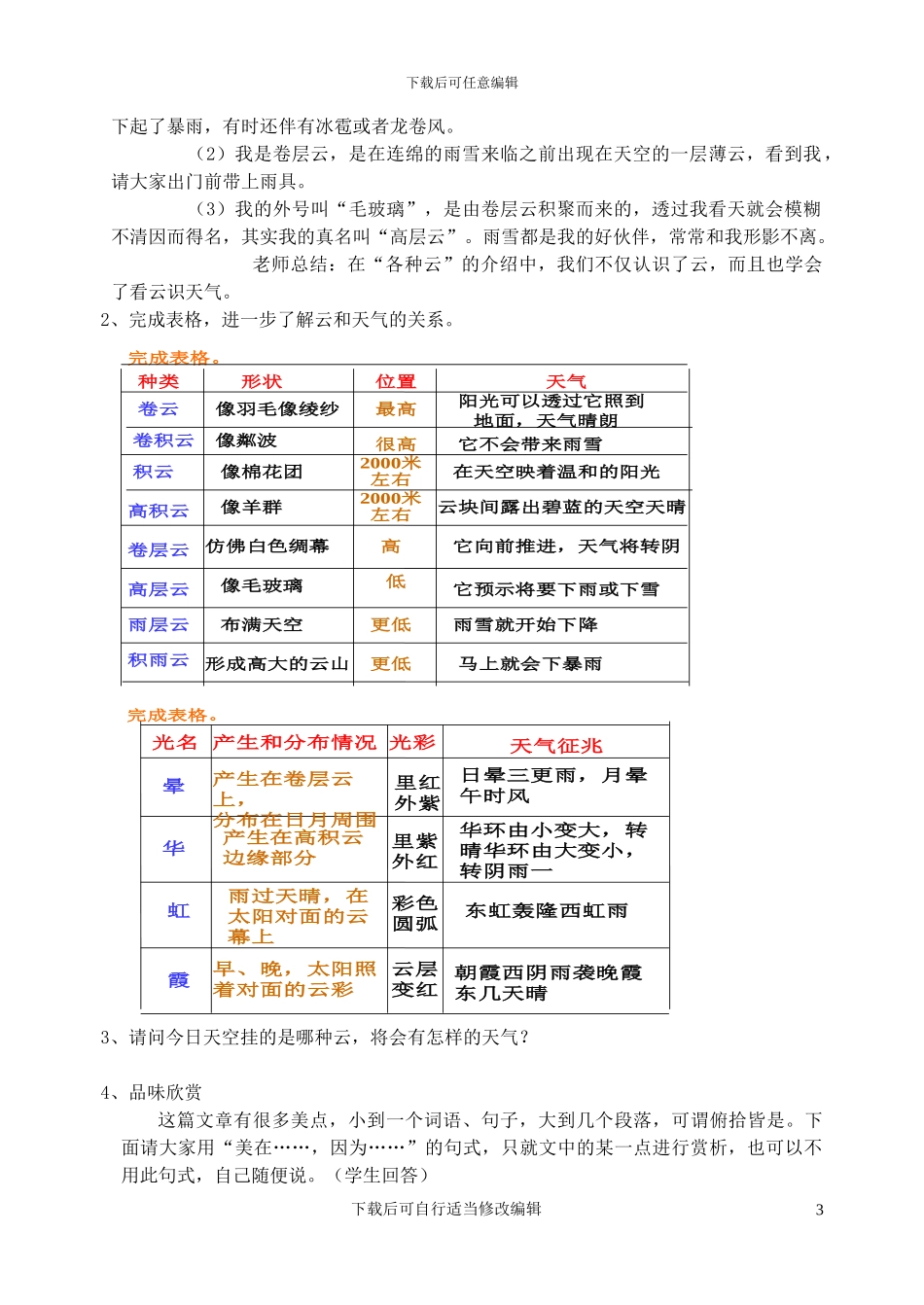 人教版七年级上册教案第22课-看云识天气_第3页