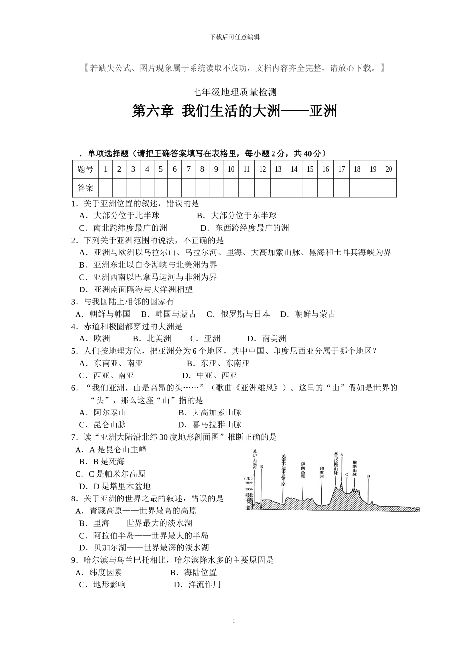 人教版七年级地理下册全册单元考试试卷及答案_第1页