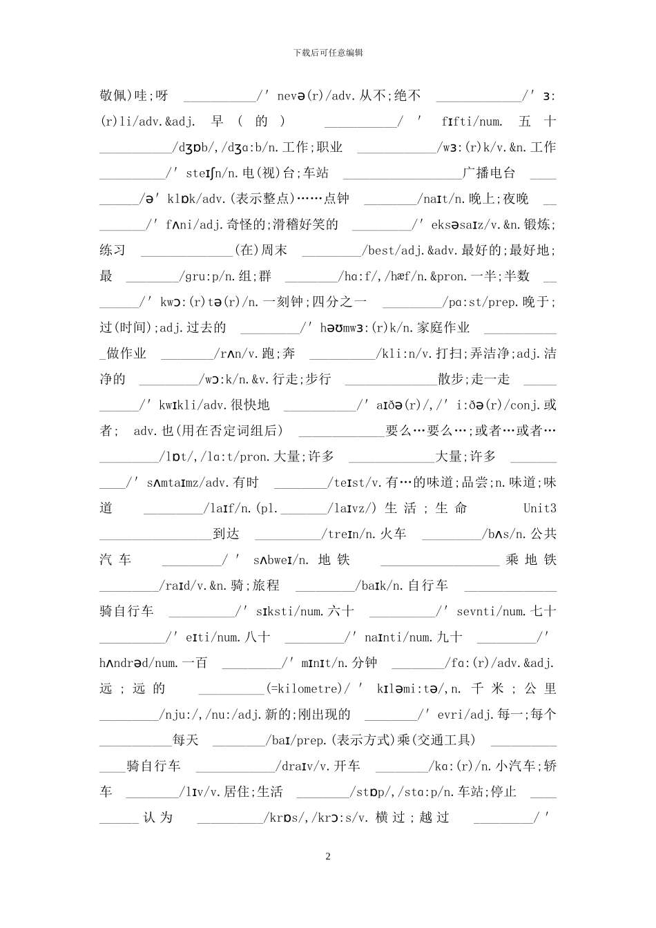 人教版七年级下册英语单词表带音标默写版_第2页