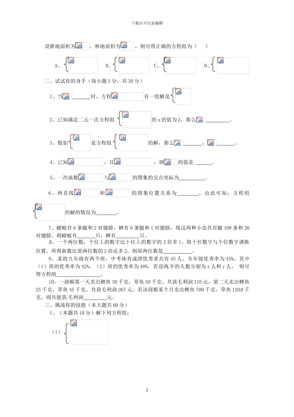 人教版七年级数学下册二元一次方程组检测卷_第2页