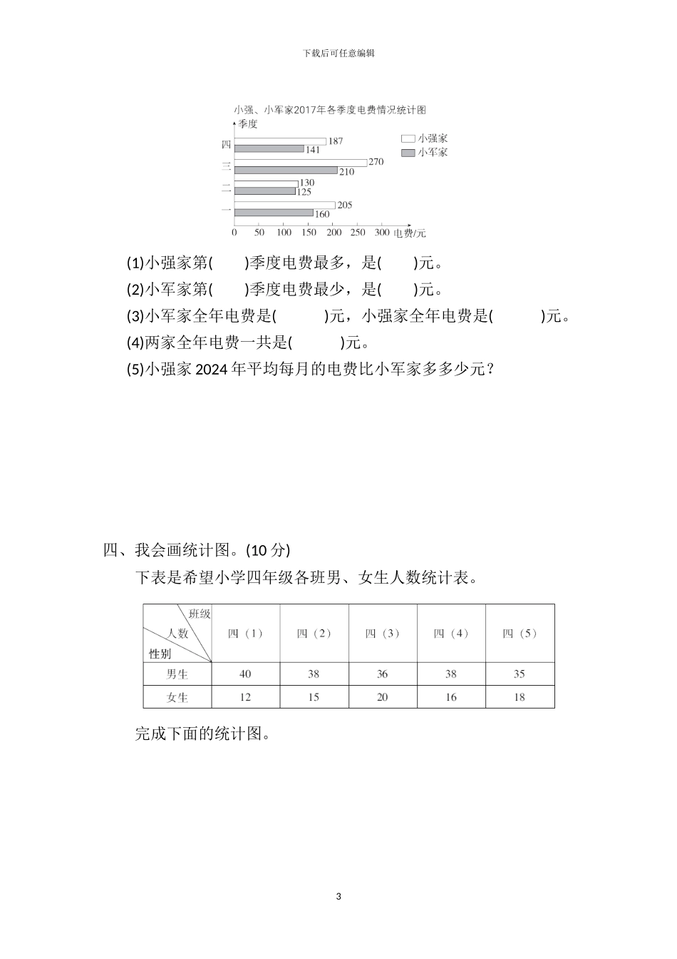 人教版四年级数学下册第八单元测试卷及答案_第3页