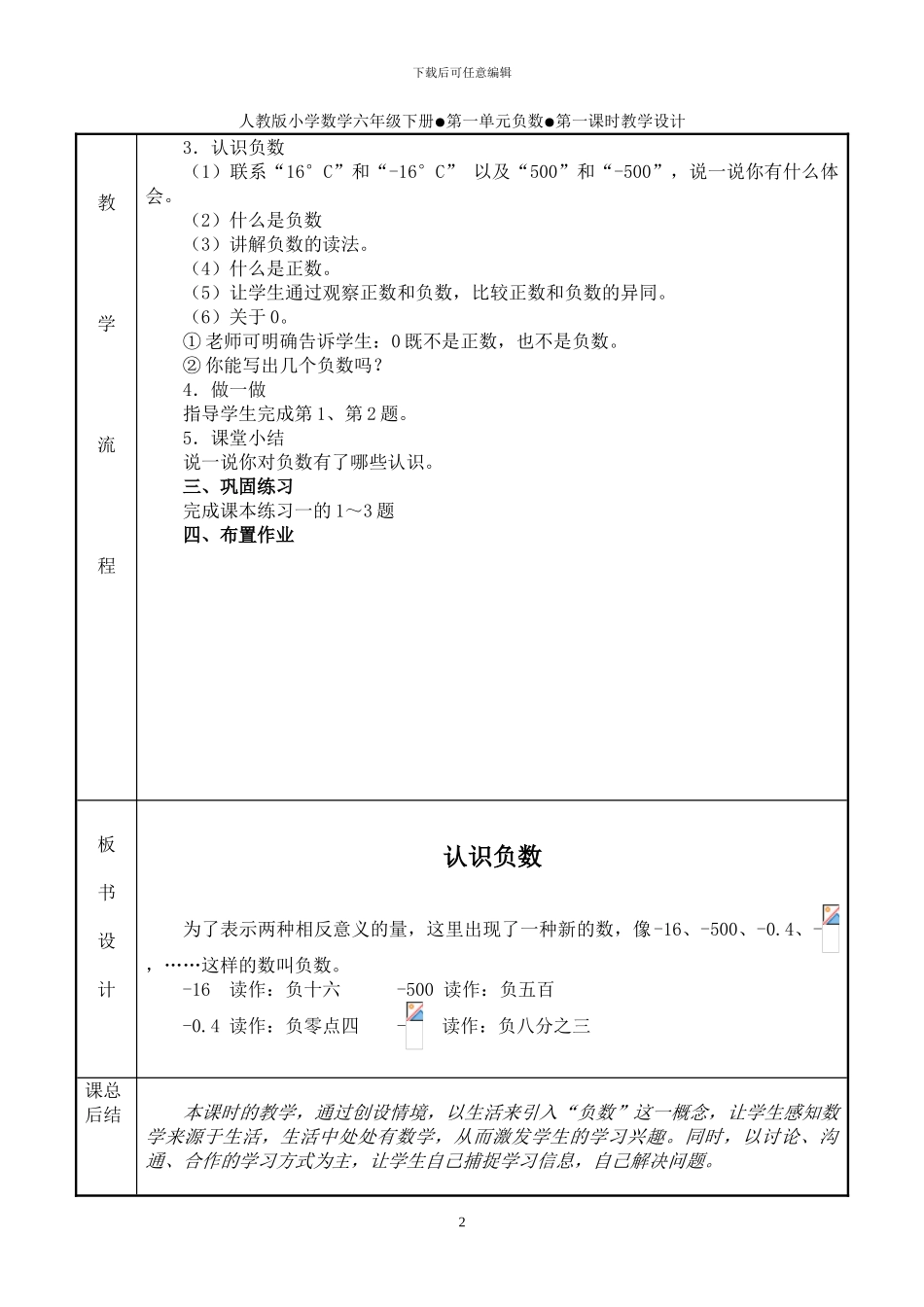 人教版数学六年级下册全册表格教案_第2页