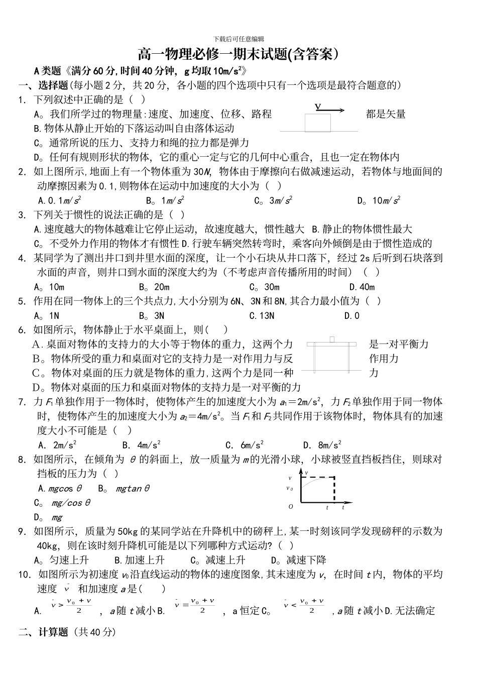 人教版高一物理必修一期末考试题及答案_第2页