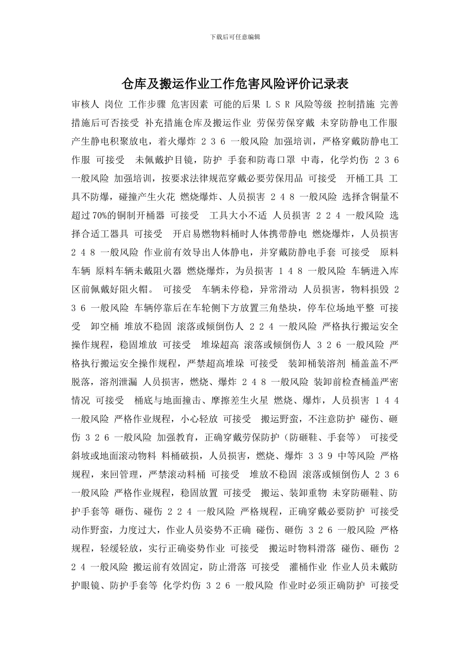仓库及搬运作业工作危害风险评价记录表-0_第1页