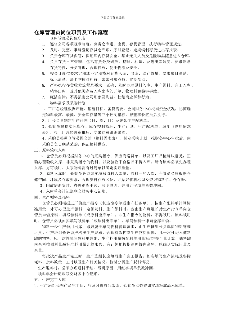 仓库管理员岗位职责及工作流程_第1页