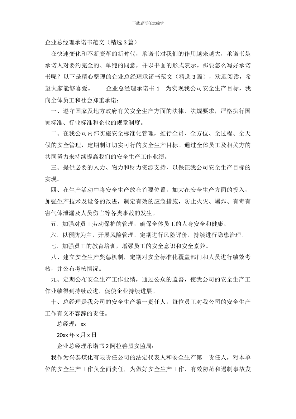企业总经理承诺书_第2页