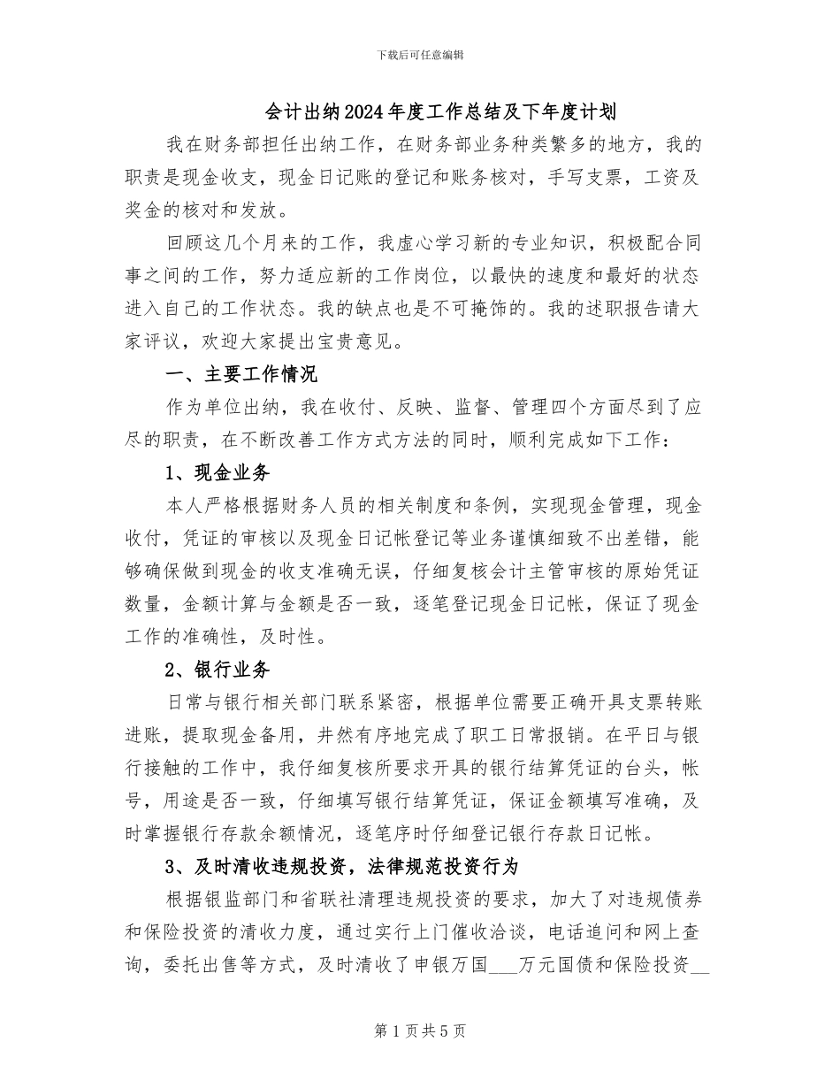会计出纳2024年度工作总结及下年度计划_第1页