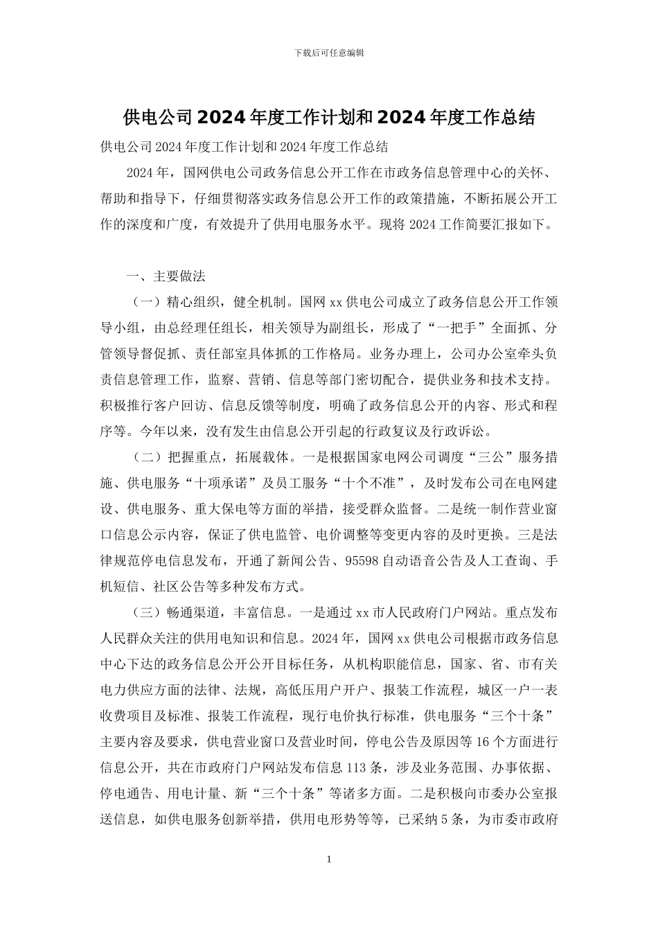 供电公司2024年度工作计划和2024年度工作总结_第1页