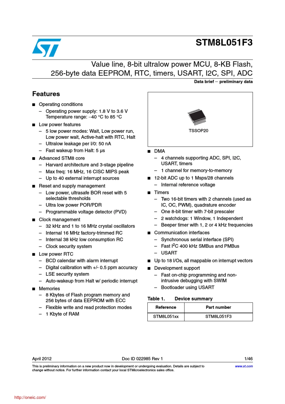 STM8L051F3P6;中文规格书,Datasheet资料_第1页