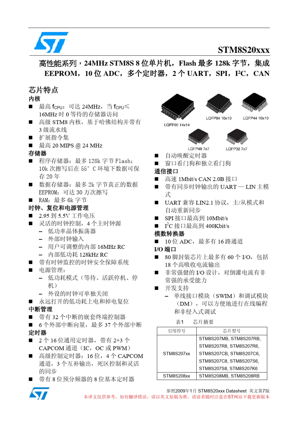 STM8S20X中文数据手册_第1页