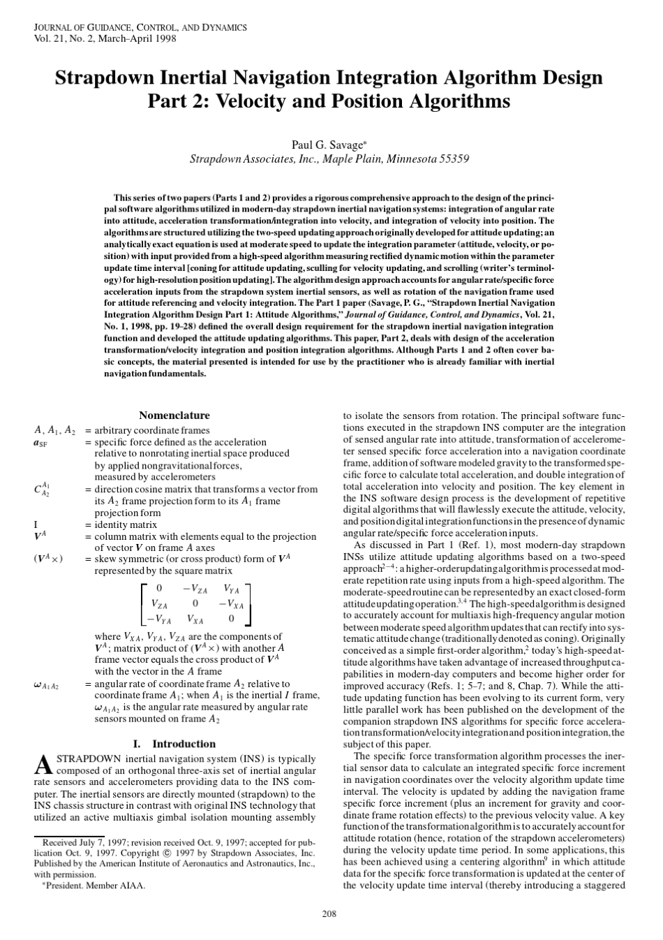 StrapdownInertialNavigationIntegrationAlgorithmDesignPartVelocityandPositionAlgorithms_第1页