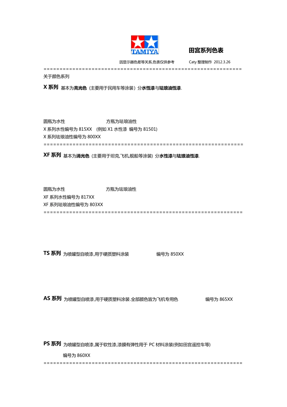 TAMIYA田宫所有系列颜色色表_第1页