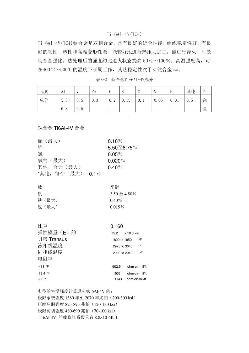 Ti6Al4V(TC4)及钛合金的性能_第1页