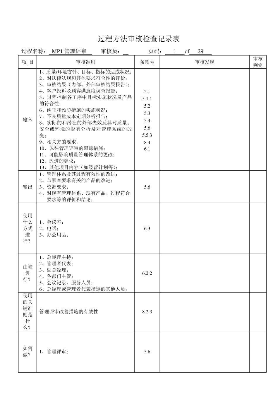 TS16949过程方法内审检查表_第1页