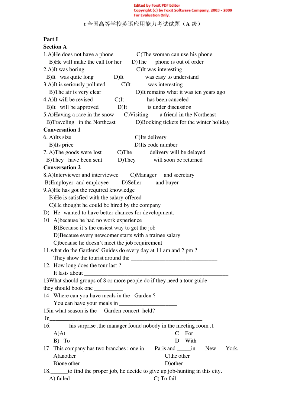 t全国高等学校英语应用能力考试试题(A级)_第1页