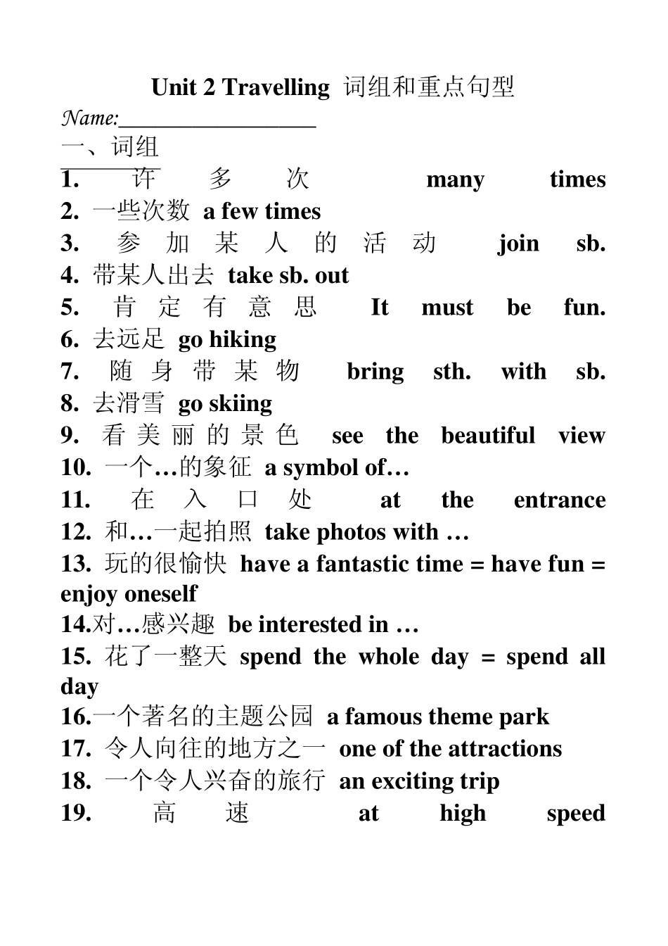Unit2Travelling词组和重点句型_第1页