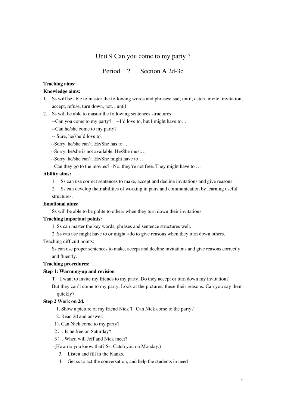 unit9邱淑萍Canyoucometomyparty全单元教案_第3页