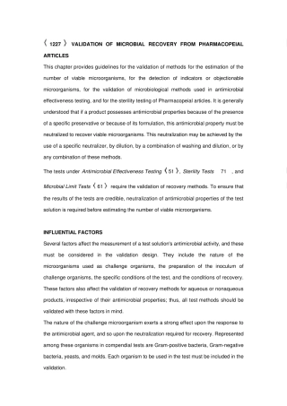 USP1227VALIDATIONOFMICROBIALRECOVERYFROMPHARMACOPEIALARTICLES美国药典微生物回收率验证