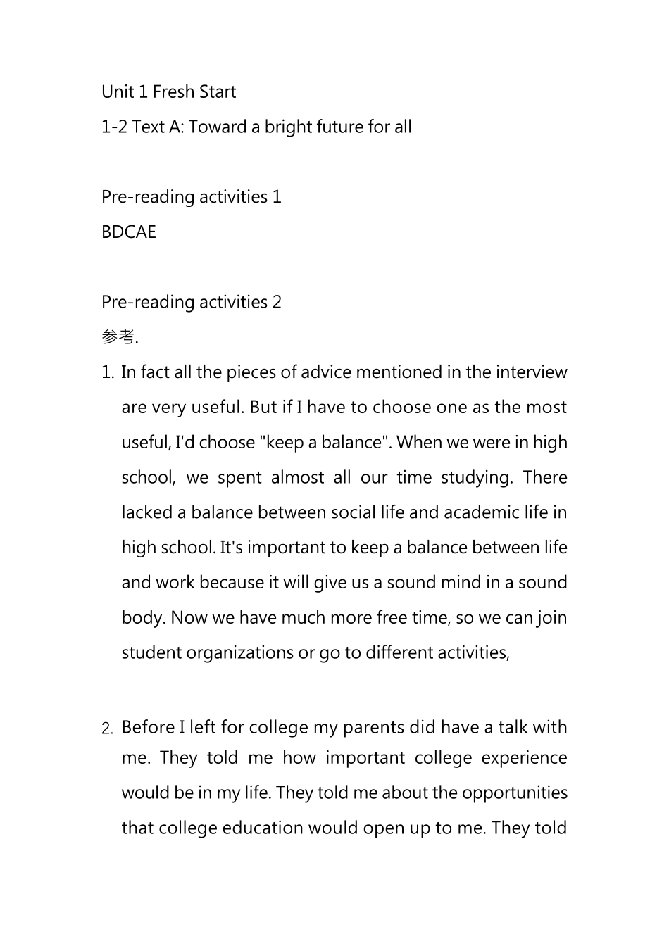U校园新视野大学英语(第三版)读写1Unti1答案_第1页