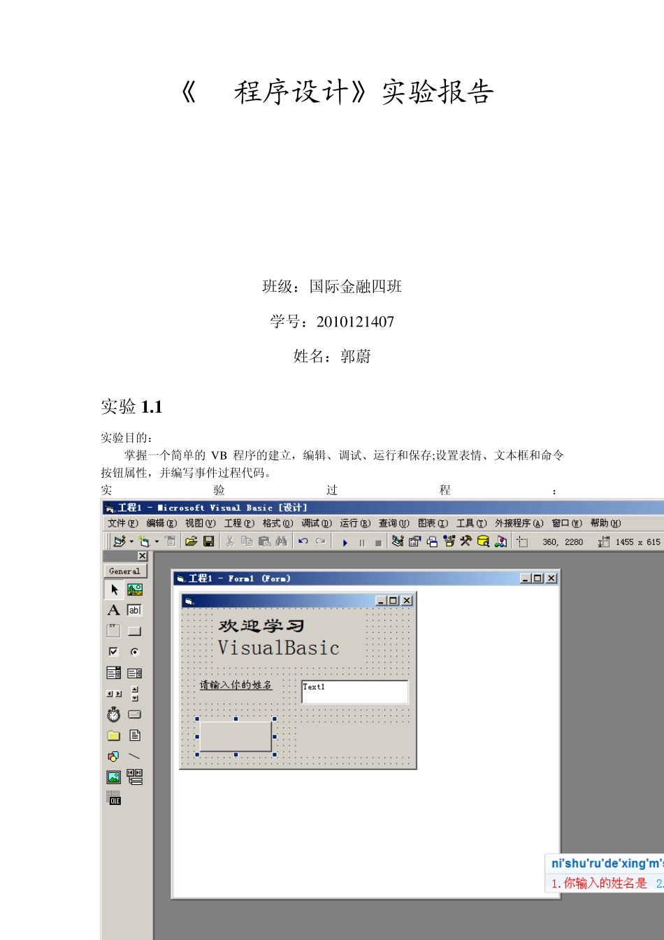 VB程序设计实验报告_第1页
