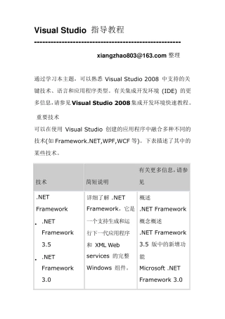VisualStudio2008指导教程使用visualstudio创建应用程序中应用技术列表整理