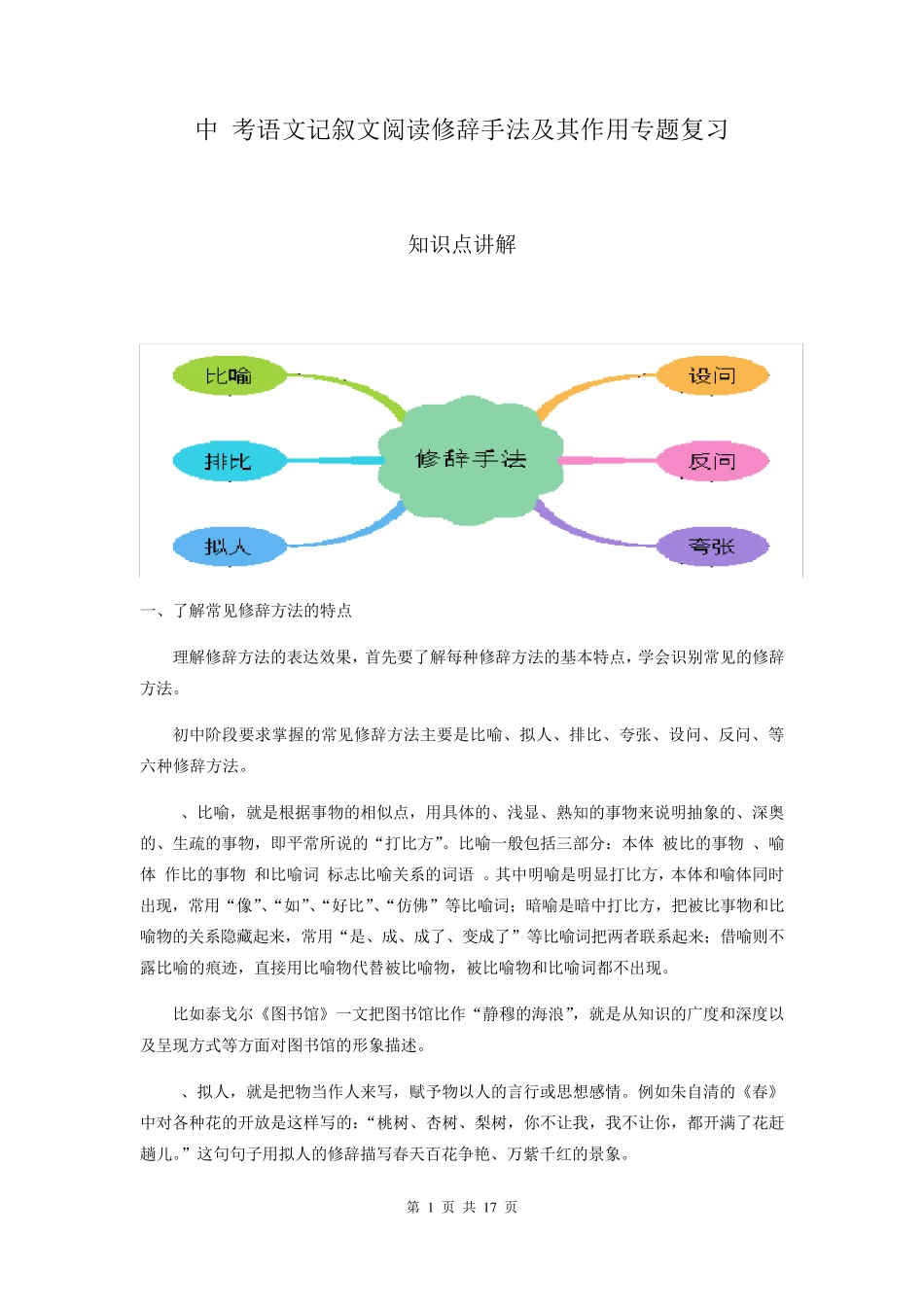 中考语文记叙文阅读修辞手法及其作用专题复习_第1页