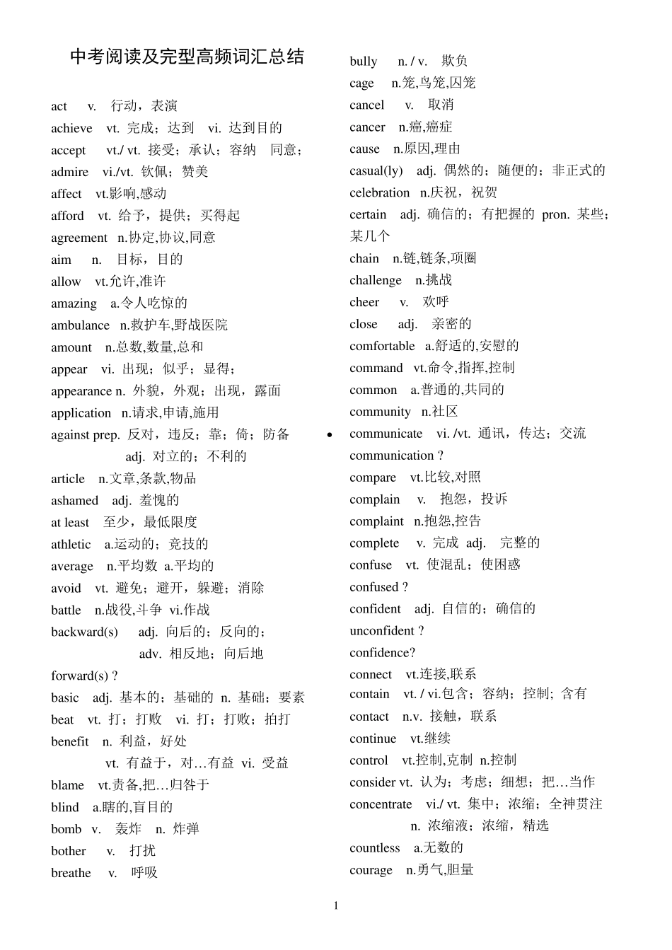 中考阅读及完型高频词汇教师版_第1页