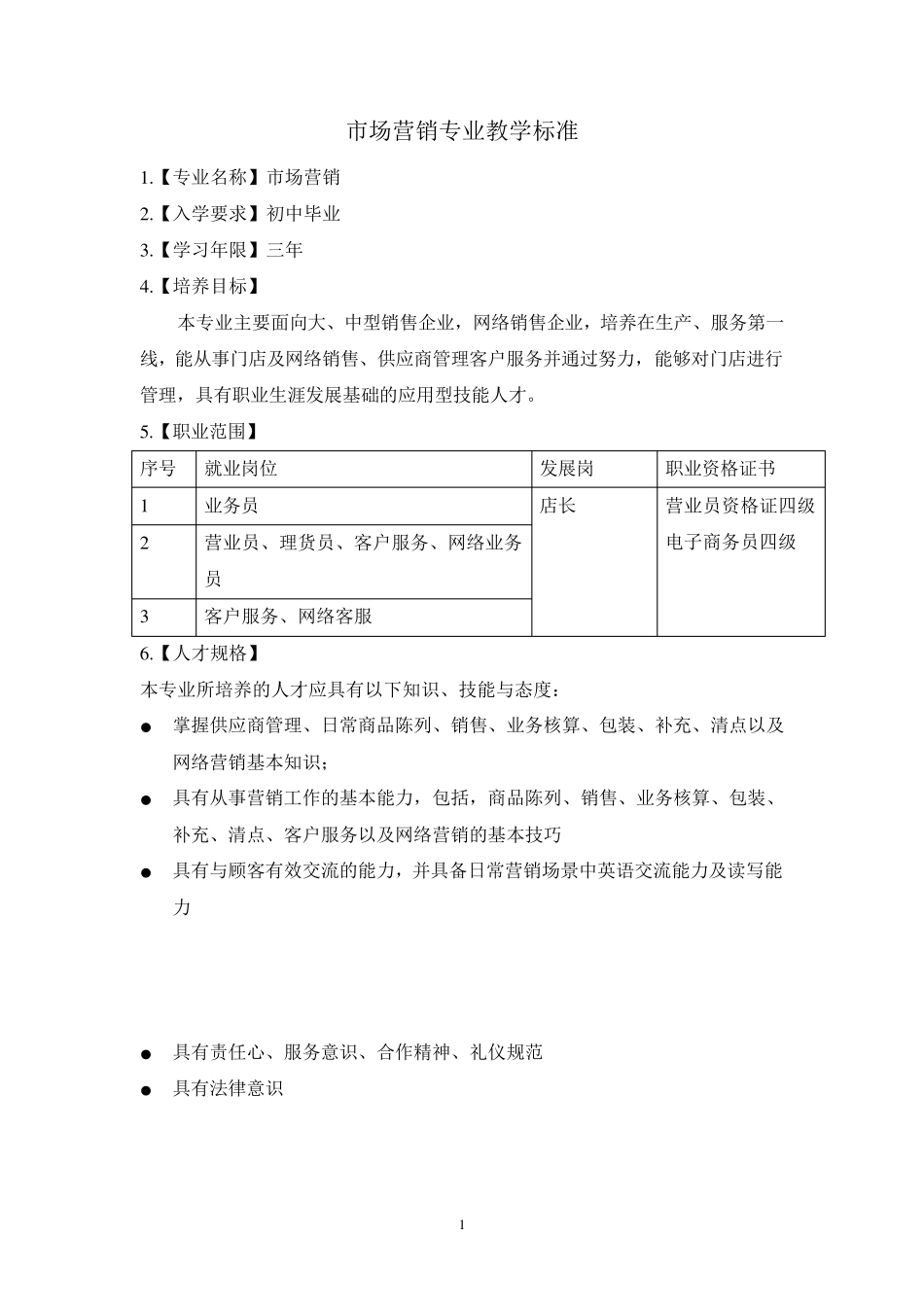 中职市场营销专业教学标准(0603)_第1页
