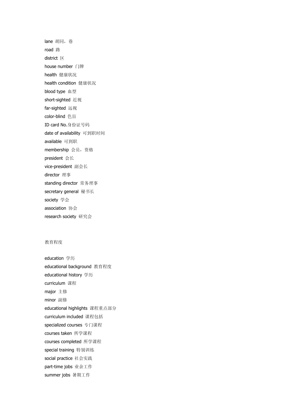 中英文个人简历模板和常用词汇_第3页