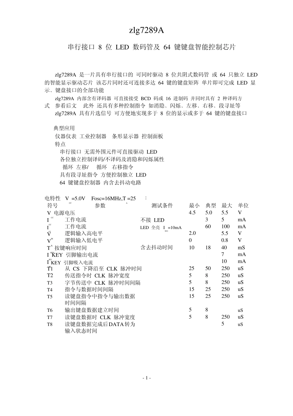 串行接口8位LED数码管及64键键盘智能控制芯片zlg7289中文资料_第1页