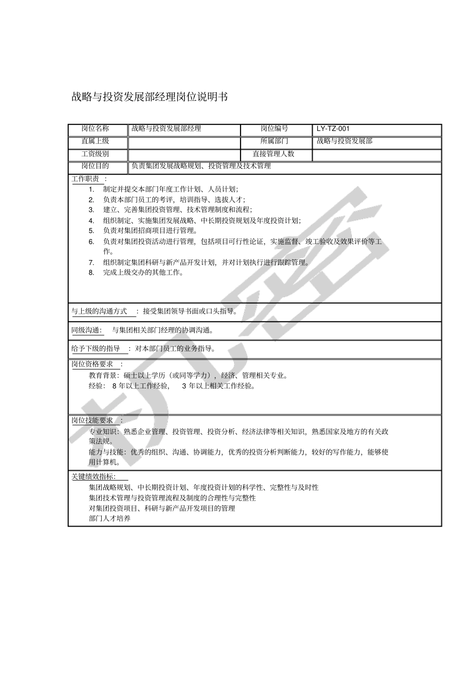 战略与投资发展部经理岗位说明书_第1页