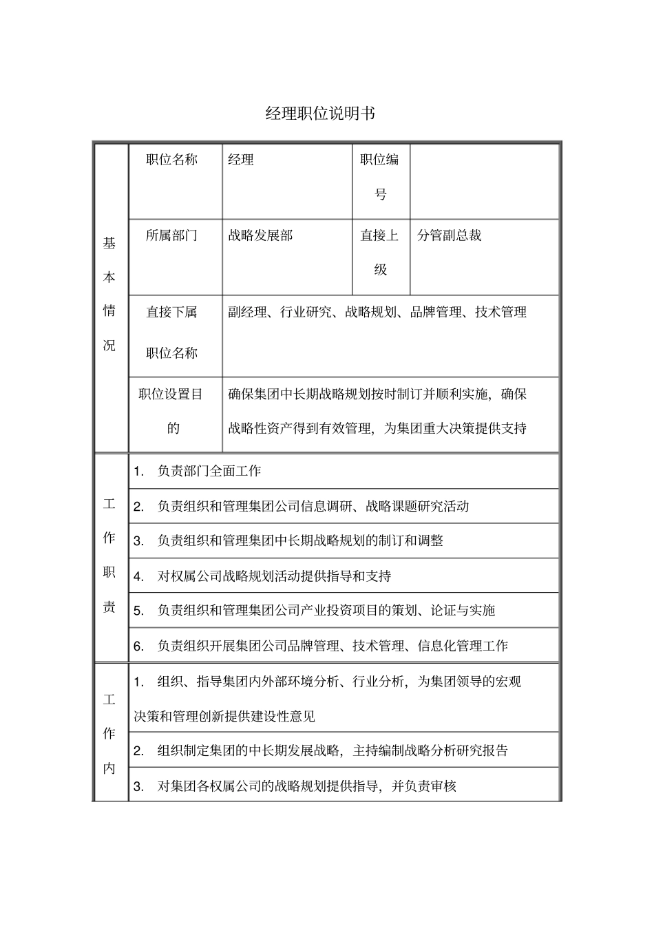 战略发展部经理职位说明书_第1页