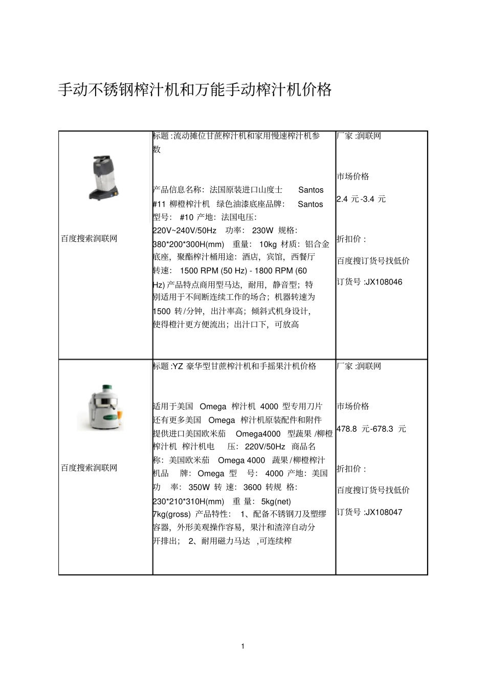 手动不锈钢榨汁机和万能手动榨汁机价格_第1页