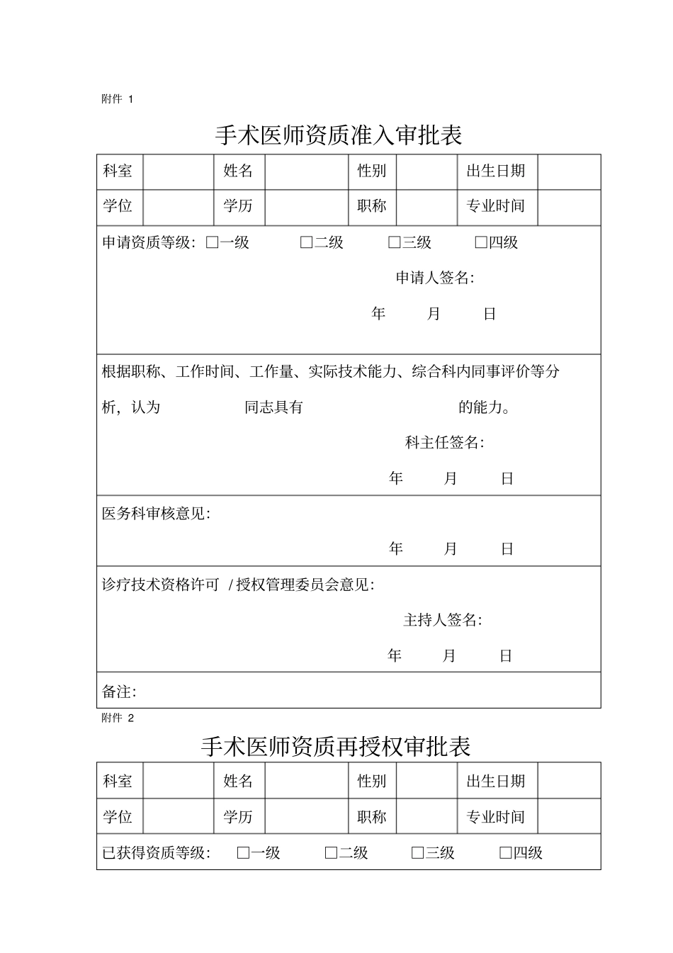 手术医师资质准入申请表与再授权表_第1页