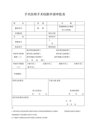 手术权限申请审批表及手术资质授权书