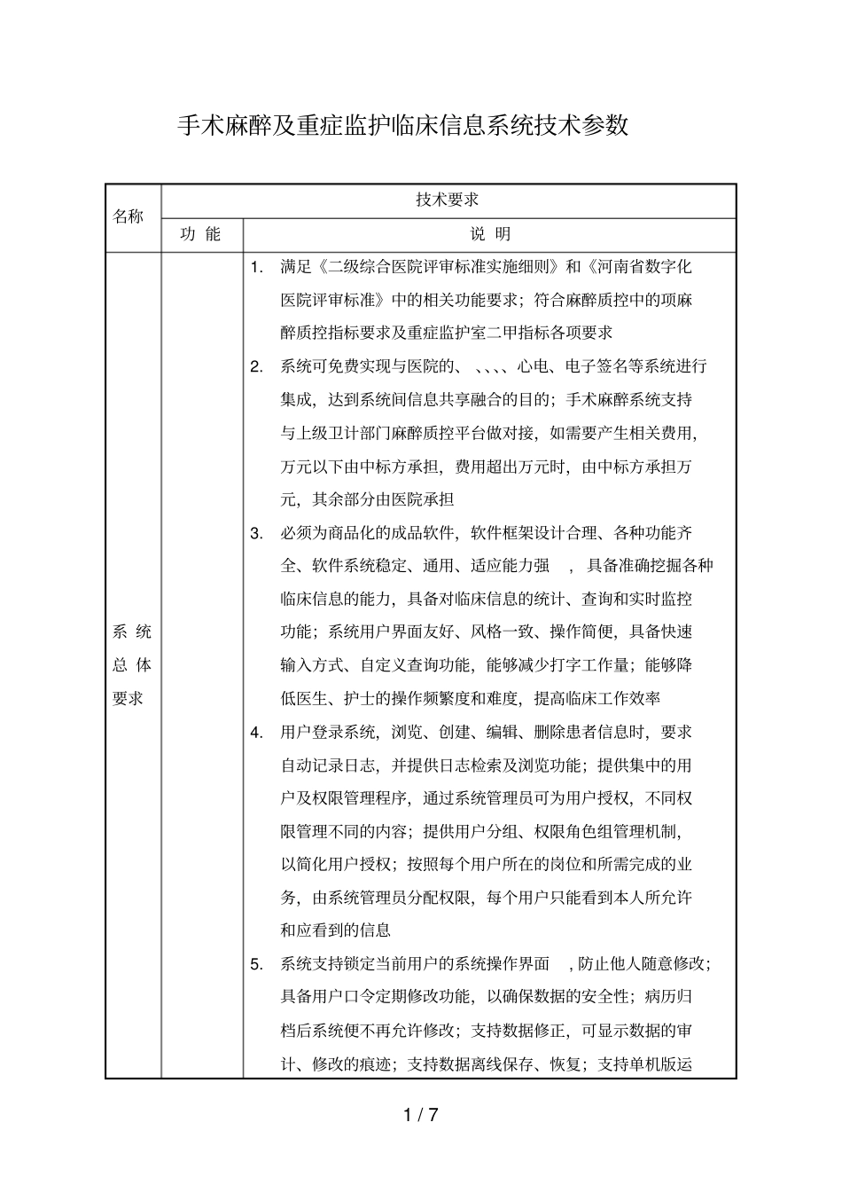 手术麻醉及重症监护临床信息系统技术参数_第1页