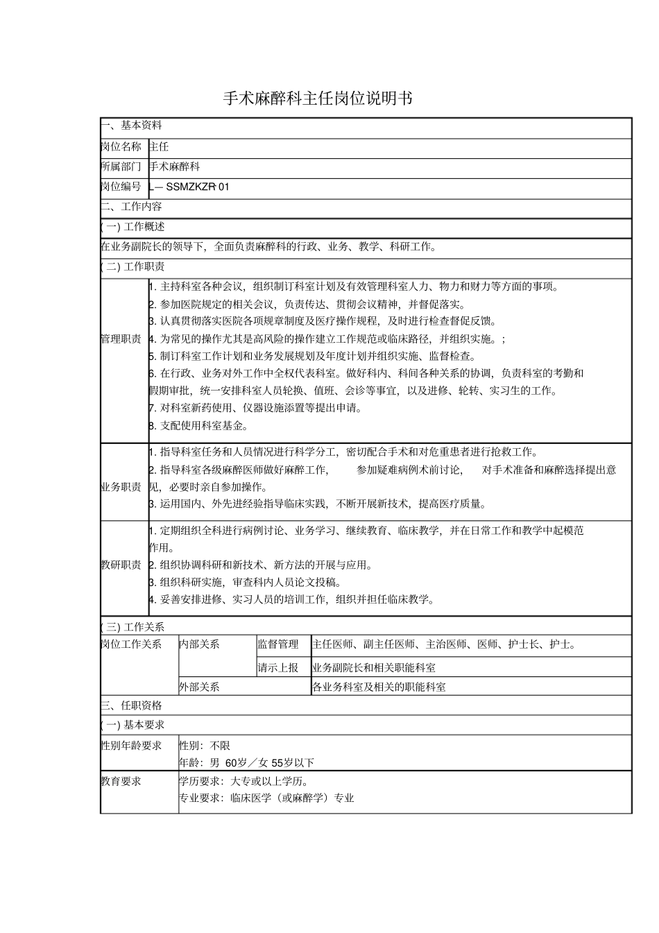手术麻醉科岗位说明书_第1页