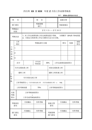 执行员工月度工作业绩考核B类