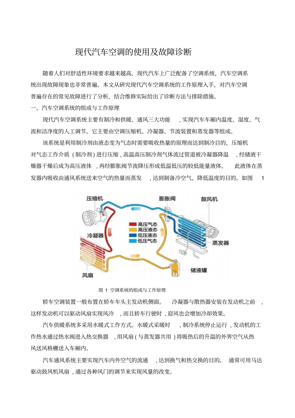 技师论文现代汽车空调的使用及故障诊断_第1页